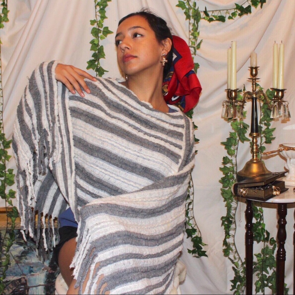 Grey and white striped tassel poncho